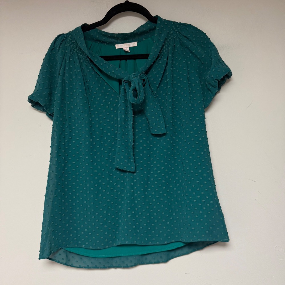 Rebecca Taylor Green Textured Tie Neck Short Sleeve Peasant Blouse Top Size S